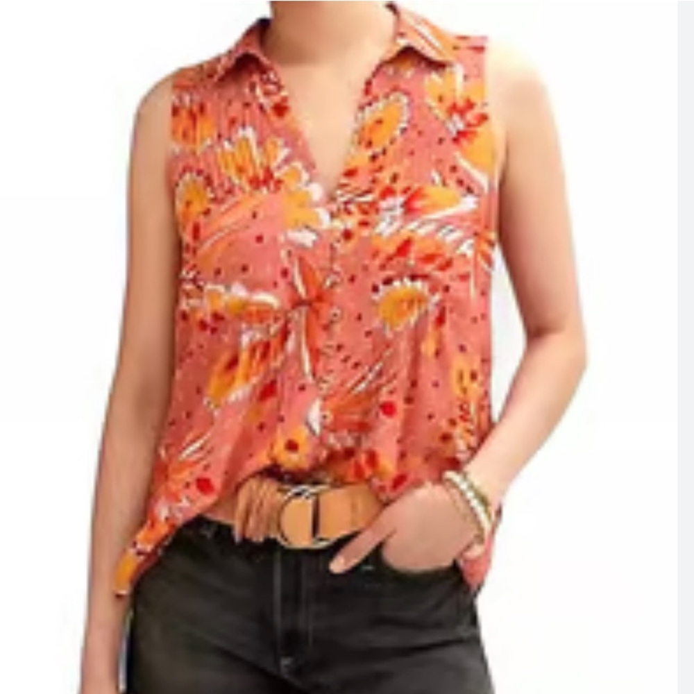 Vera Anthropologie Pink Sleeveless Floral Pink Front Pockets Top. Size S (446A)